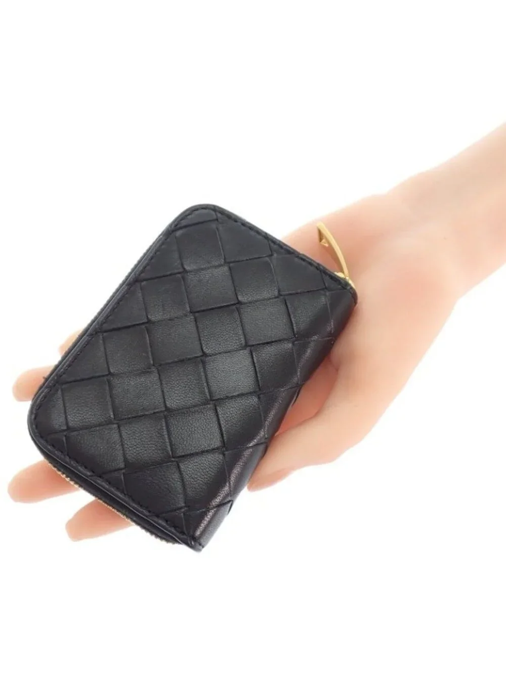 Bottega Veneta Tiny Zip Around Card Slot Coin Purse Lambskin Black Gold